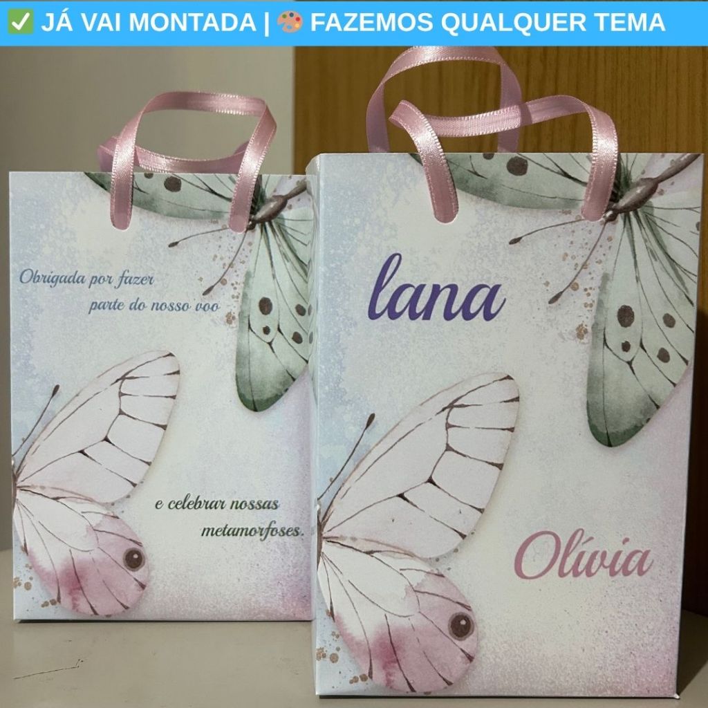 Sacolinha Surpresa Personalizada Borboletas Verde e Rosa Festa Infantil | Lembrancinha Aniversário