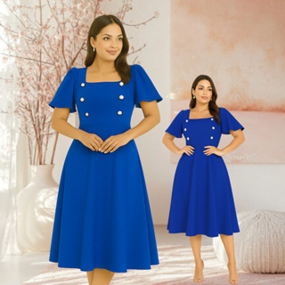 Vestido Feminino Social Mídi Rodado Manga Soltinha Decote Quadrada Botão Moda Evangélica Casual Plus em Oferta na Shopee