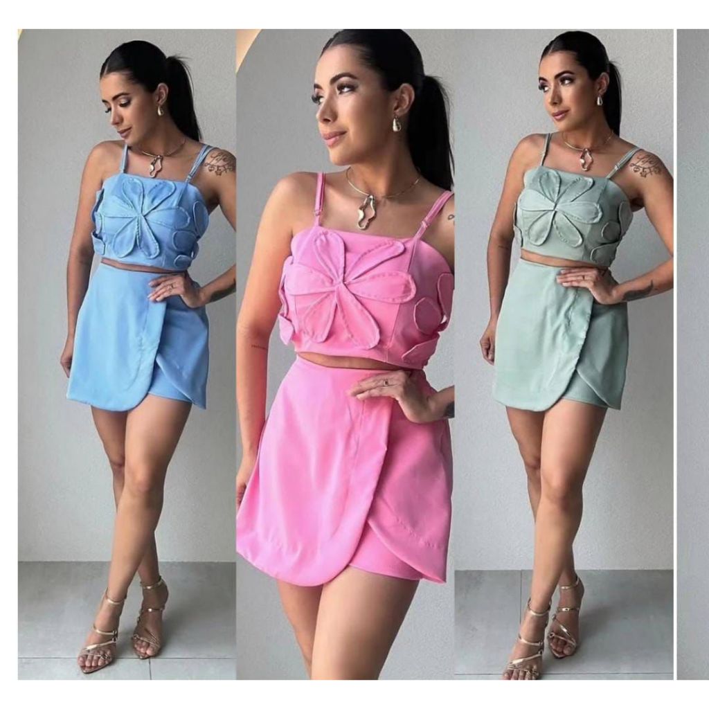 Conjunto Femenino sensorial short saia e cropped detalhe flor