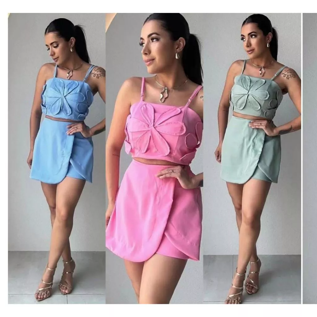 Conjunto Femenino sensorial short saia e cropped detalhe flor — imagem 1