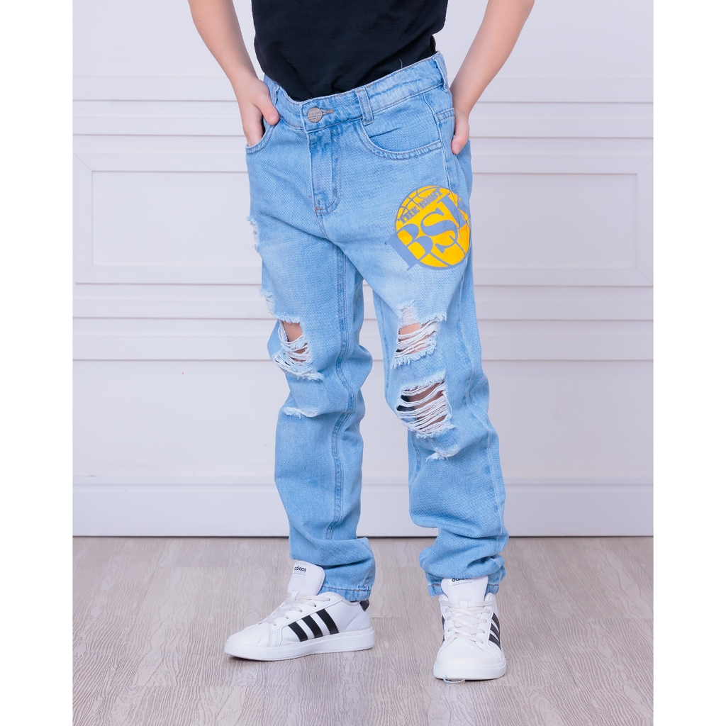 Calça jeans infantil menino rasgada jogador com estampa silk 10 a 16 em Oferta na Shopee