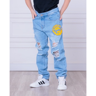 Calça jeans infantil menino rasgada jogador com estampa silk 10 a 16 em Oferta na Shopee