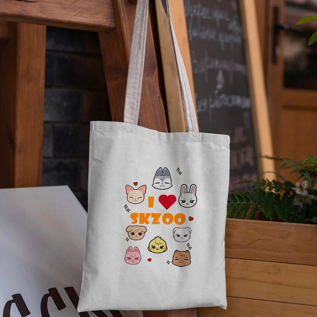 Sacola Ecológica Stray Kids - SKZOO - Kpop- Bolsa Ecobag - Bolsa de Praia algodão Cru