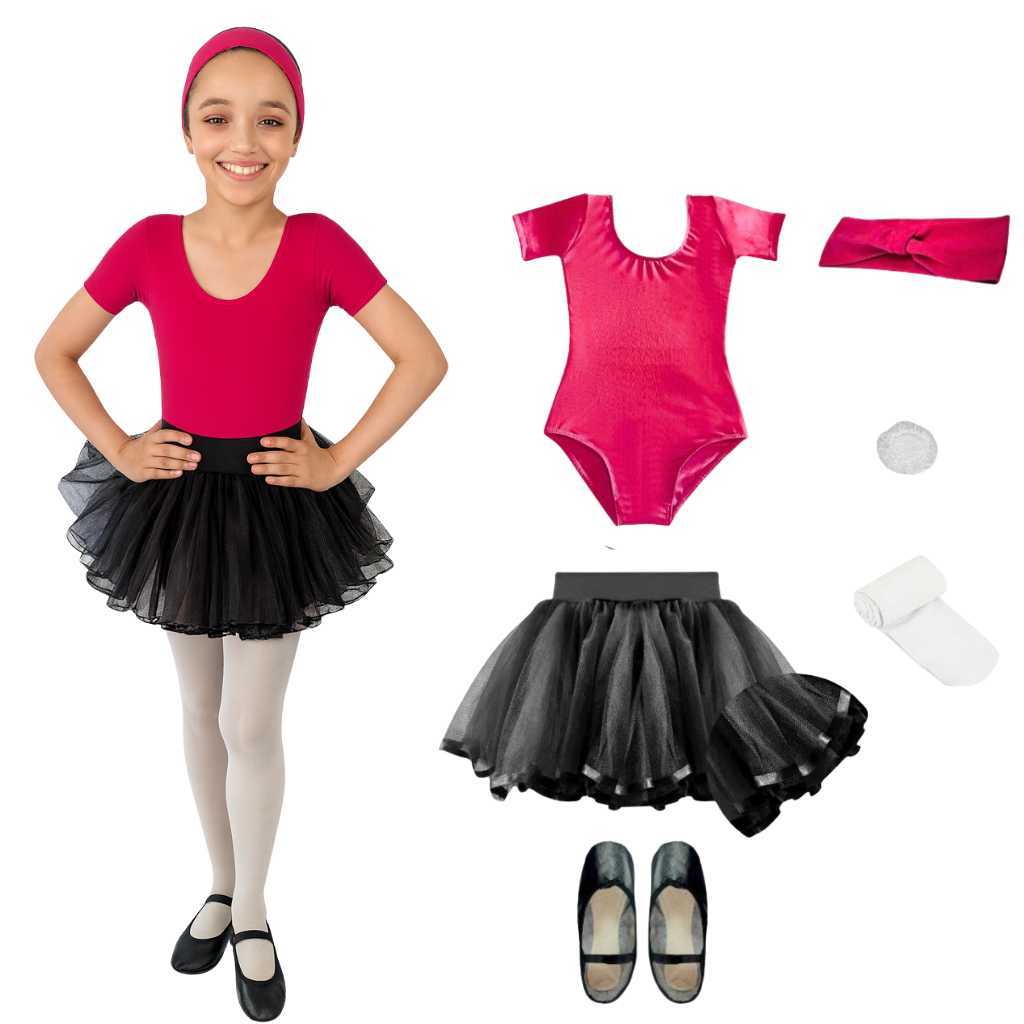 Kit Bailarina Pink e Preto Com Saia de Tulle em 4 Camadas 6 Itens