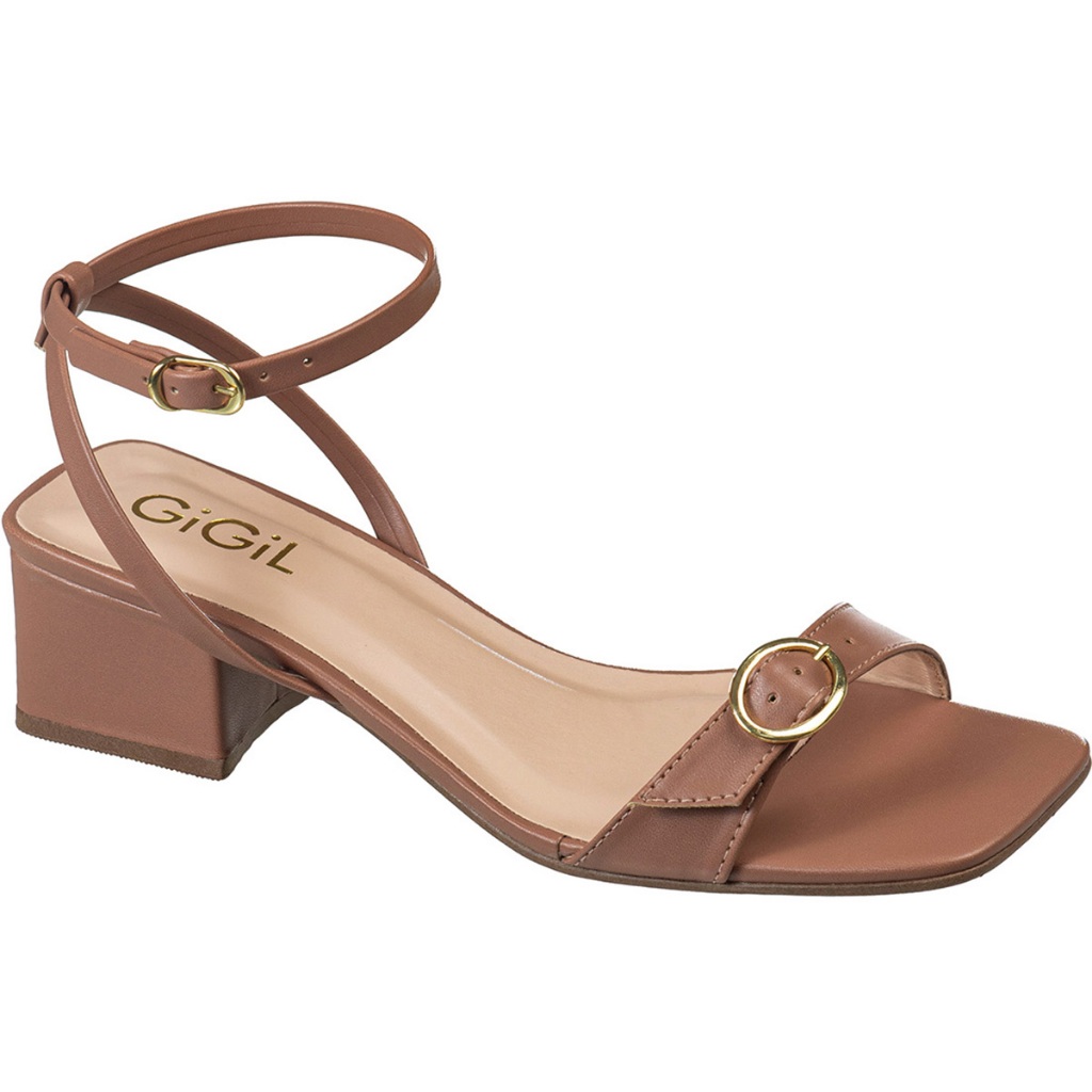 Sandália Feminina Salto Médio Bloco Enfeite Metalizado Tira Fivela Confortável Estilo Moderno GiGiL