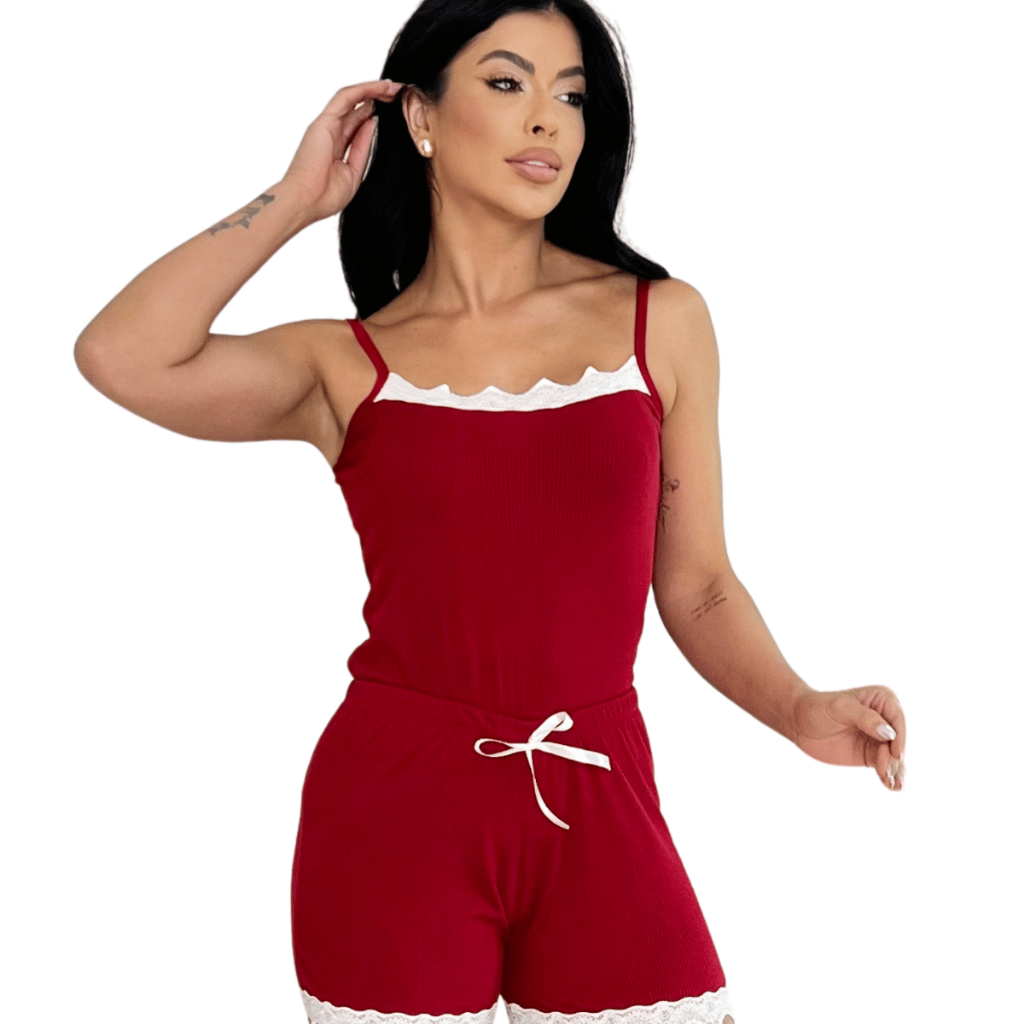 Pijamas  Vermelho Baby Doll Sexy Short Doll Feminino Detalhe de Renda Luxo
