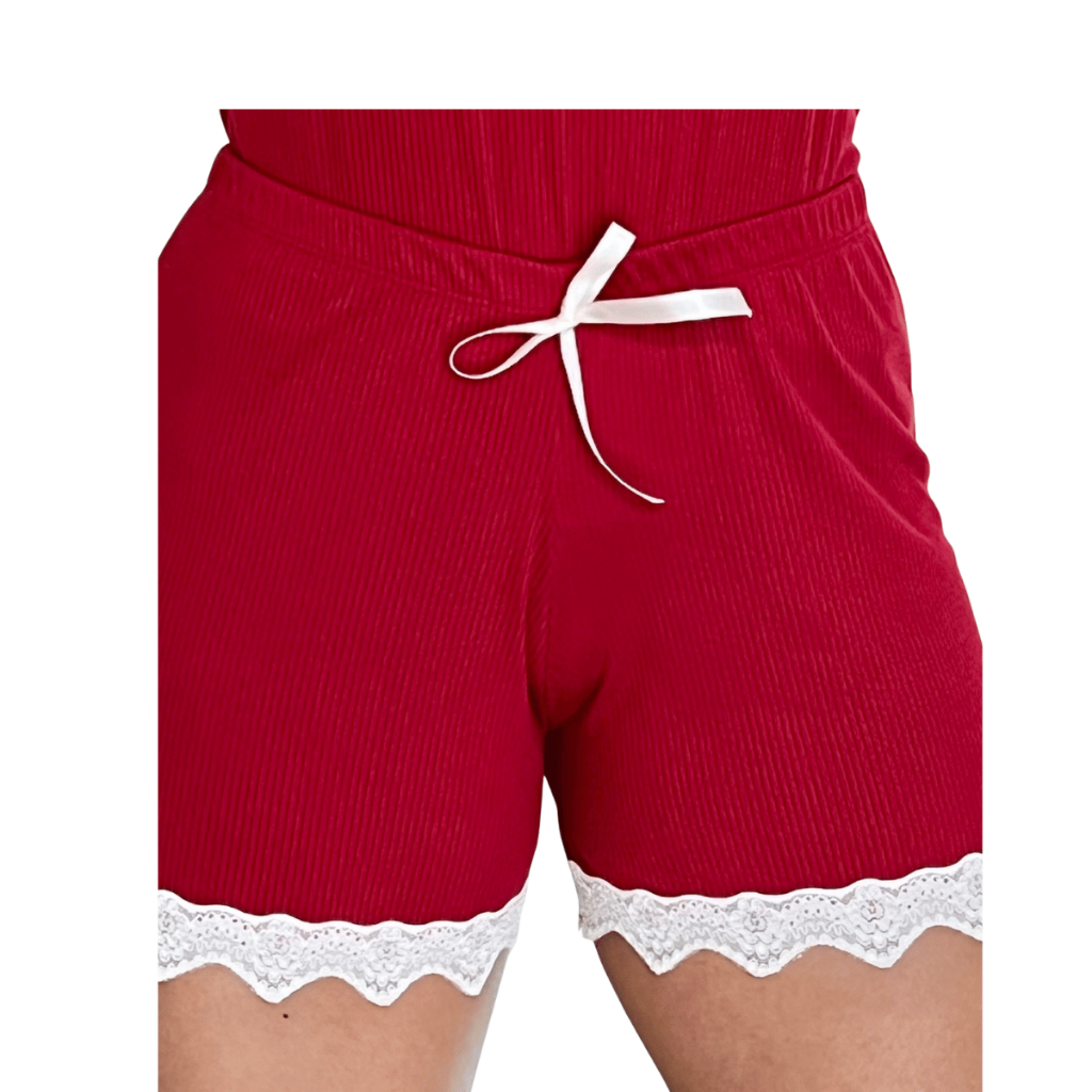 Pijamas  Vermelho Baby Doll Sexy Short Doll Feminino Detalhe de Renda Luxo