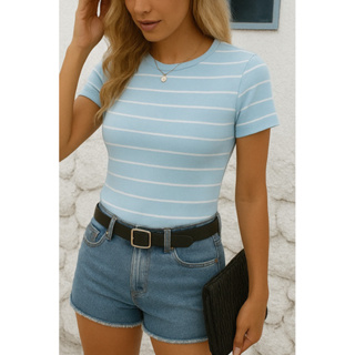 camiseta blusa feminina manga curta gola careca listrada ribana verão em Oferta na Shopee