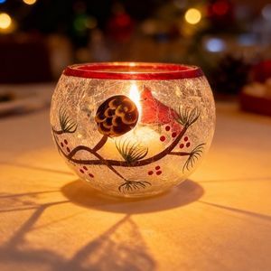 Vaso Castiçal Natalino Redondo em Vidro Craquelado 12cm