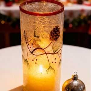 Vaso Castiçal Natalino Cilindrico Grande em Vidro Craquelado 25cm