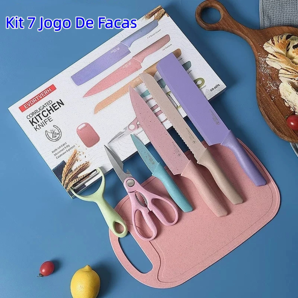 Imagem Jogo kit 7 peças facas Tabua Descascador Tesoura Profissional Cozinha Gourmet Faca de Churrasco / Entrega Rápida
