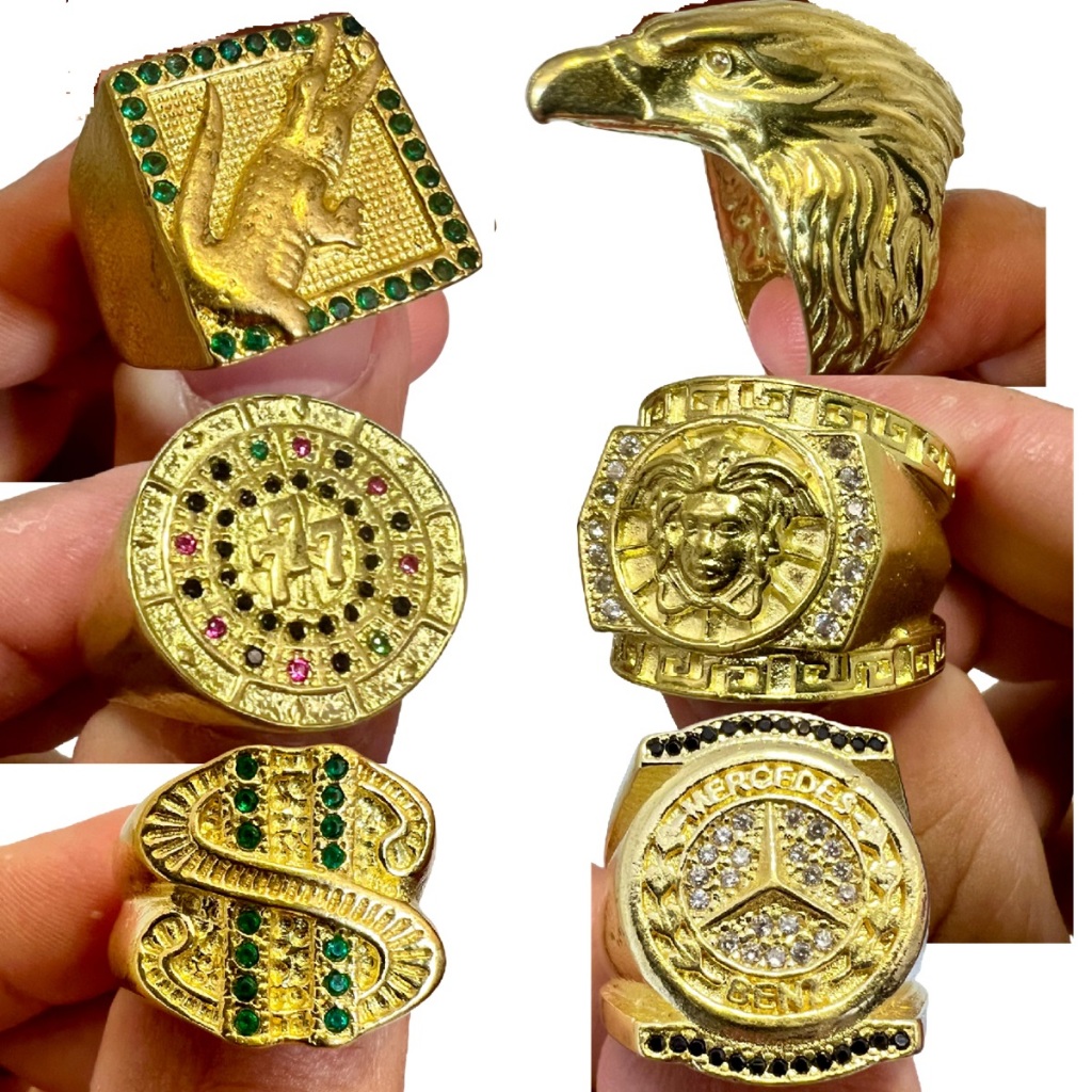 DEDEIRA ANEL MOEDA ANTIGA MASCULINO CARRO KIMONO CIFRÃO JACARÉ FERRAR PORSH AGUIA MEDUSA COR OURO 18