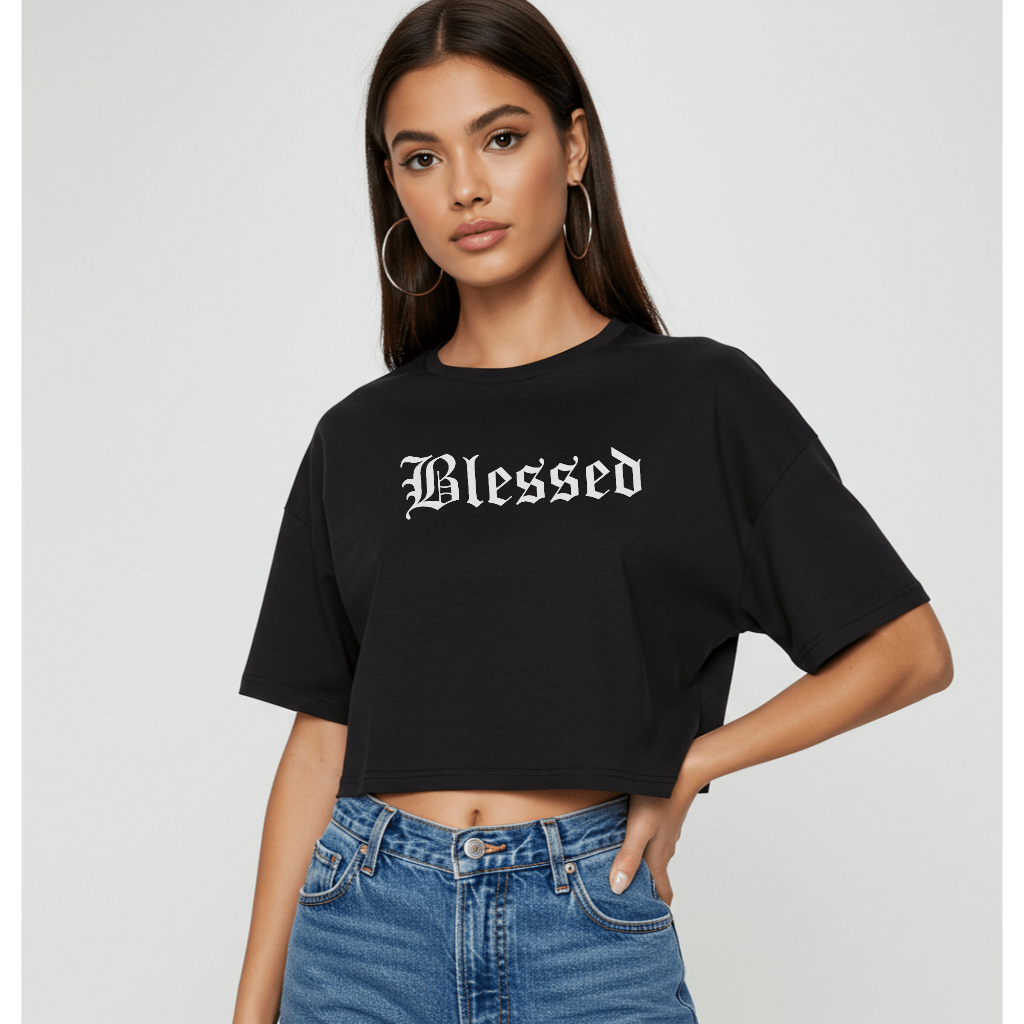 Croped Oversized de Algodão T-shirt Estampa Abençoada Academia e Passeio