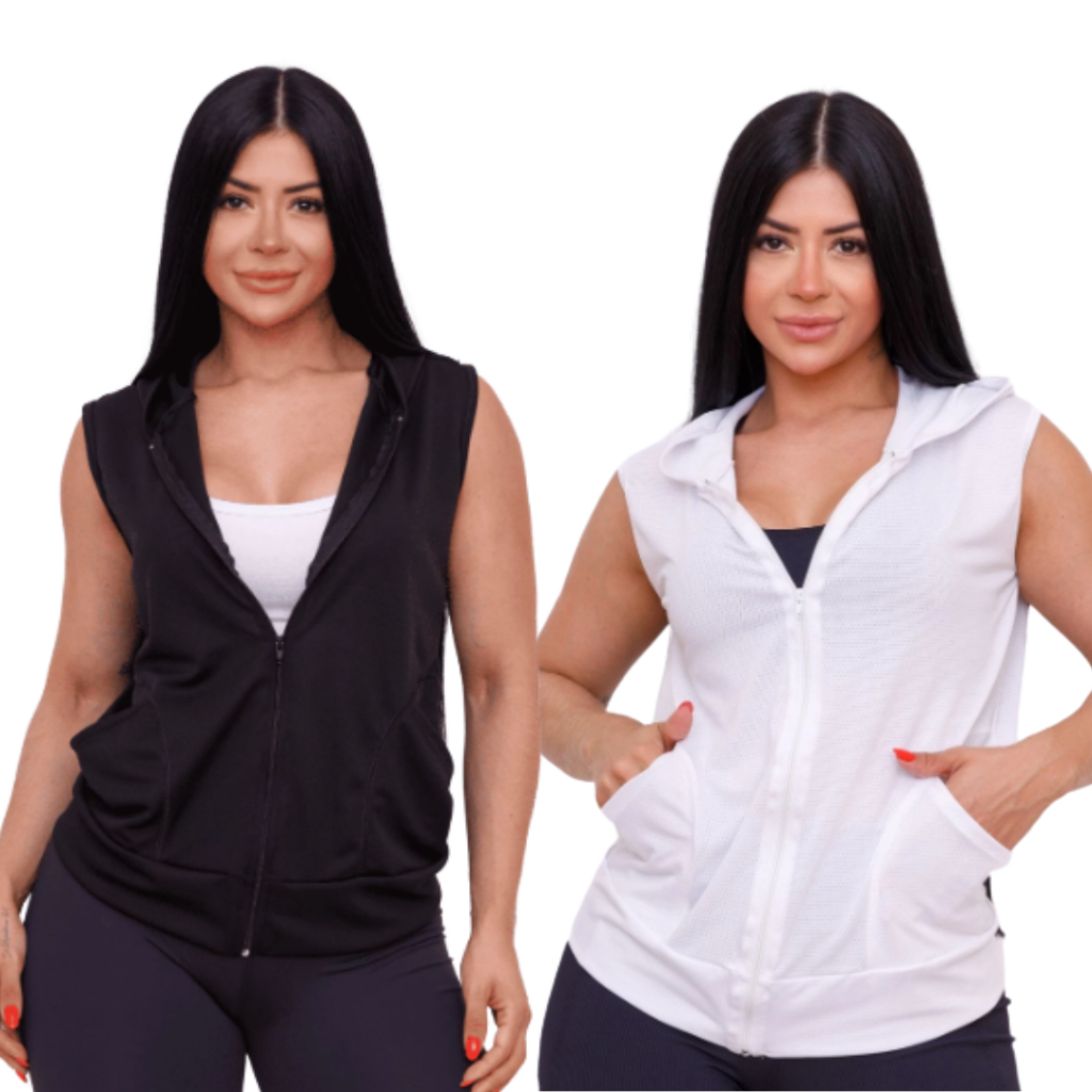 Kit Colete Feminino Dry Fit Com Capuz Preto Branco Caminhada Academia Corrida