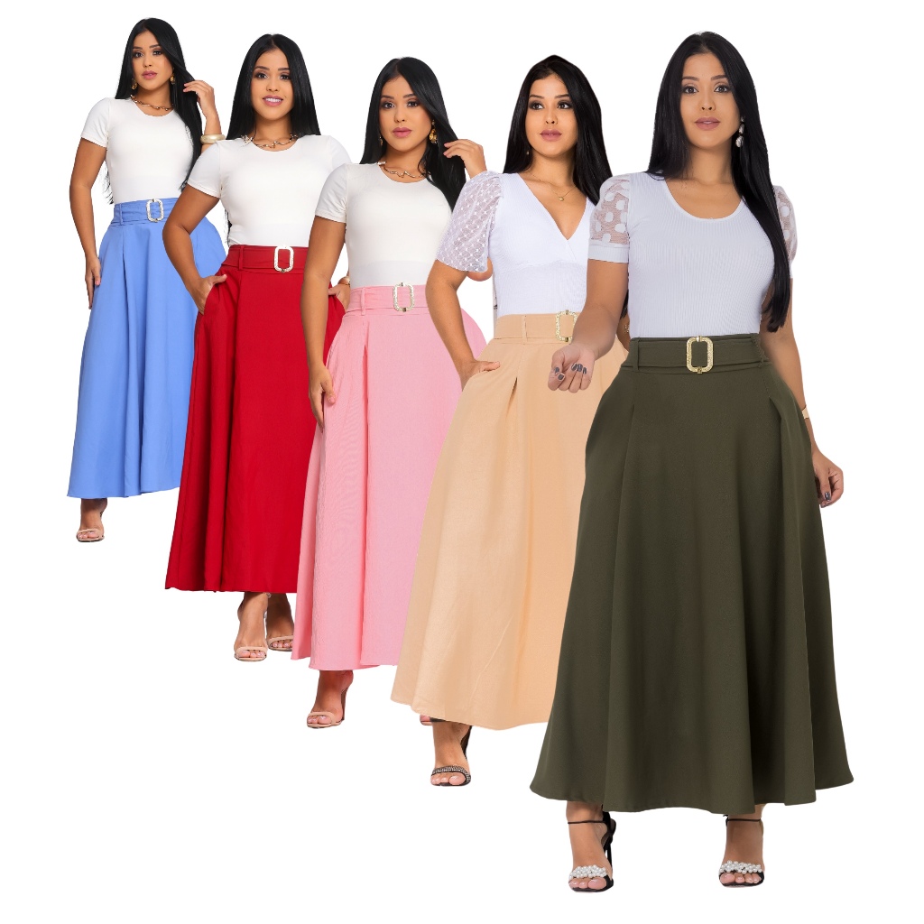 Saia Longa Feminina Elegante Sensorial com Bolsos – Moda Evangélica Igreja em Oferta na Shopee