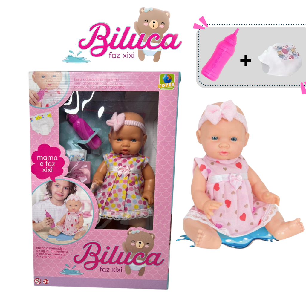 Boneca Biluca faz xixi | mama e faz xixi de verdade | acompanha fralda e mamadeira | brinquedo de menina | infantil