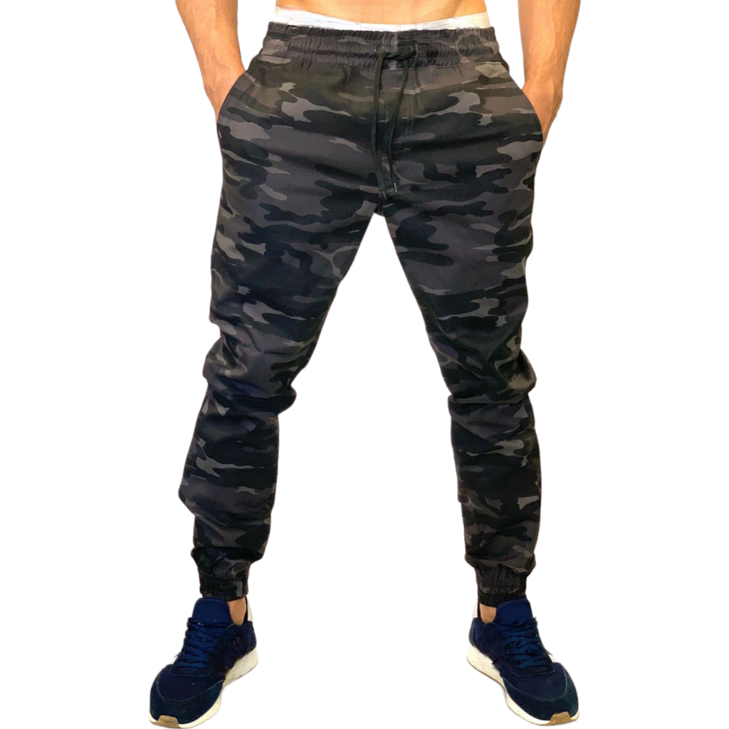 calça jogger militar cinza escuro com preto oferta