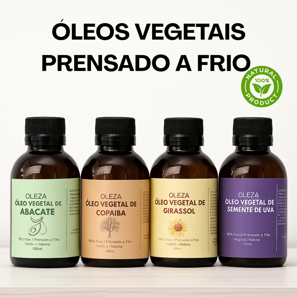 KIT Multifuncional com 4 Óleos Vegetais Naturais – Abacate, Uva, Copaíba e Girassol – Cabelos, Pele e Corpo