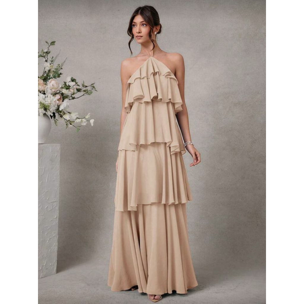 Vestido Elegante e Romântico de Convidado de Casamento Longo Maxi de Chiffon com Detalhe Franzido e Decote Halter Sólido em Oferta na Shopee