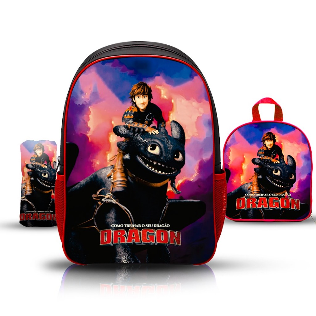 KIT Mochila de Costas Escolar Infantil Como treinar seu dragão Menino com lancheira e estojo - Reforçada