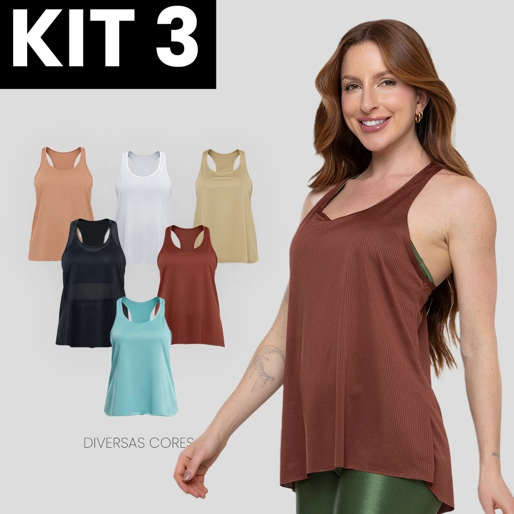 Kit 3 Regatas Fitness Femininas Básicas Lisas – Modelo Nadador Corte a Fio Academia e Treino — imagem 1