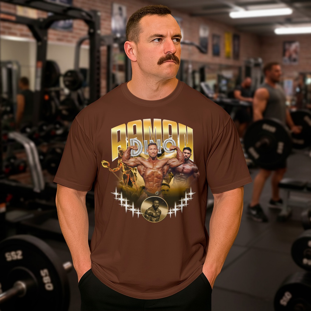 Camiseta Oversized Ramon Dino Gold Academia Estilo Bootleg Mr Olympia Estampada Masculina Dinossauro do Acre