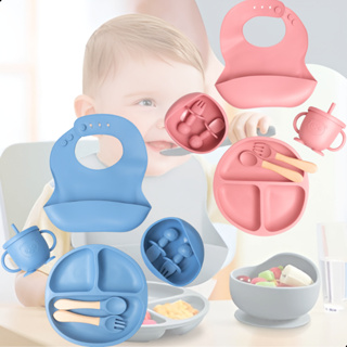 Kit Alimentação para Bebê criança Prato Babador Copo Silicone Infantil menino menina 8pçs em Oferta na Shopee