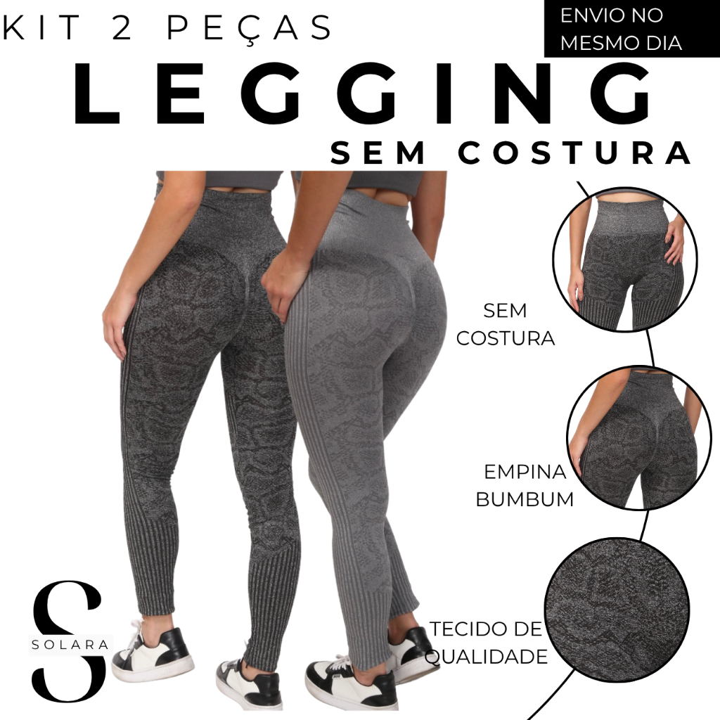 KIT 02 Legging Empina Bumbum Sem Costura Calça Cintura Alta Jacquard Estampado Modela Fitness Academia