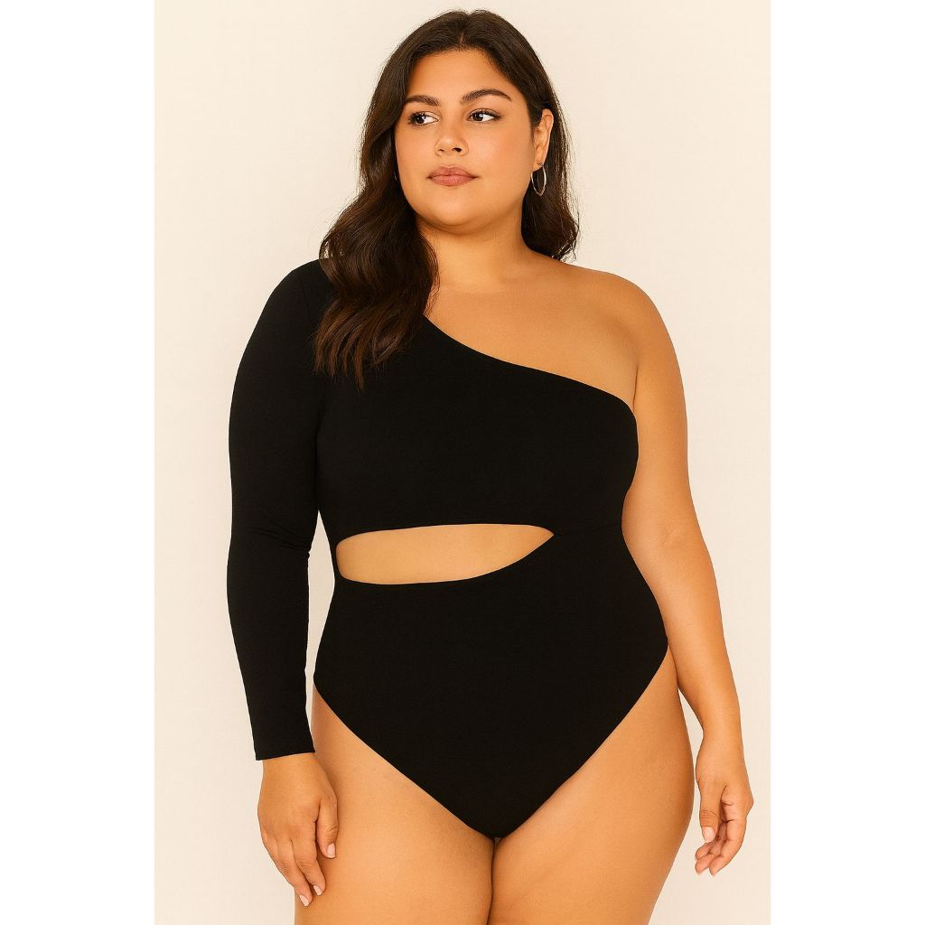 Body Bori Plus Size Ombro Só Collant Tamanho Grande Simples Assimétrico Vazado Cortado Noite em Oferta na Shopee