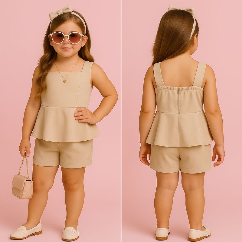 conjunto infantil peplum tecidos alfaiataria com zíper nas costas