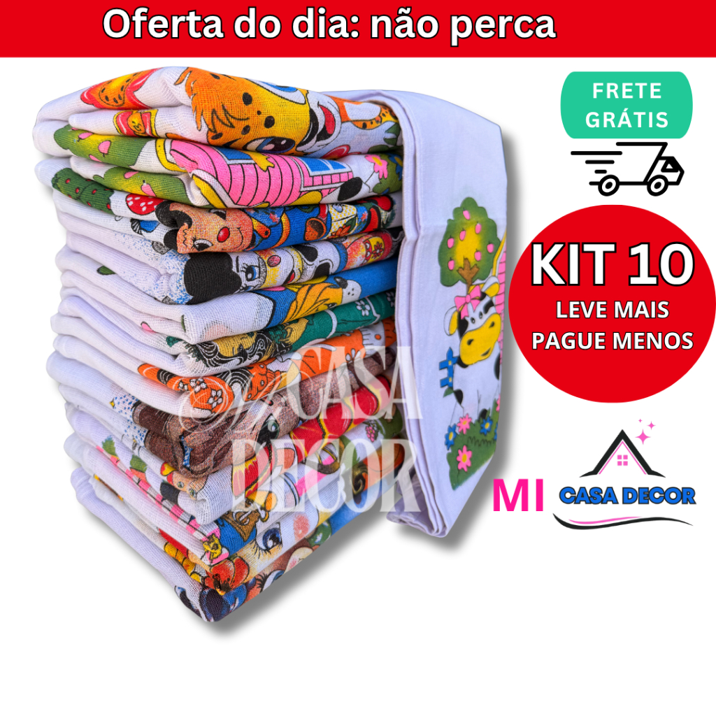 Pano De Prato Estampado Bainha Kit Com 10 Peças 100% algodão em Oferta na Shopee