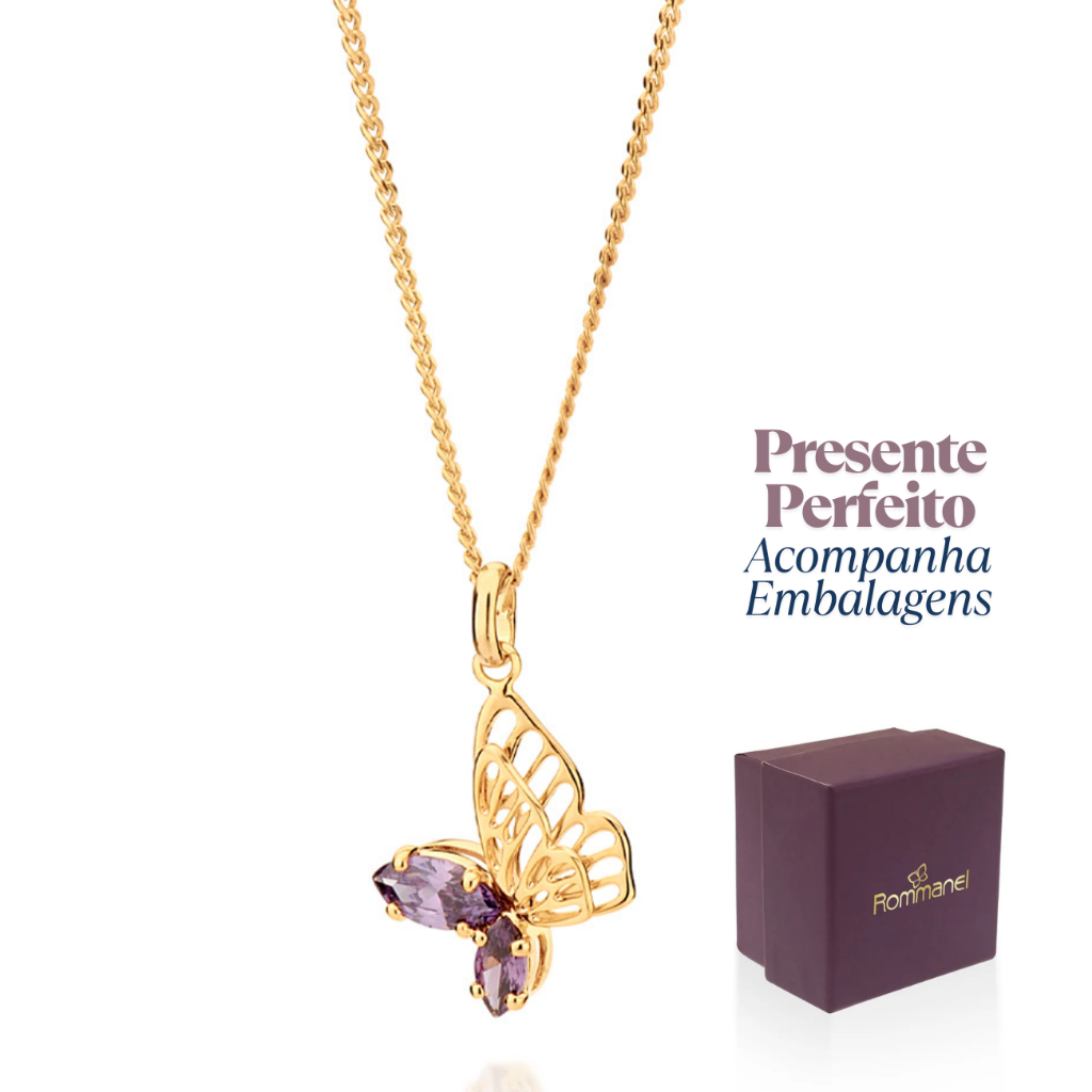 Presente Feminino Cordão Rommanel + Pingente Borboleta C/ Zircônia Banhado A Ouro 18k em Oferta na Shopee