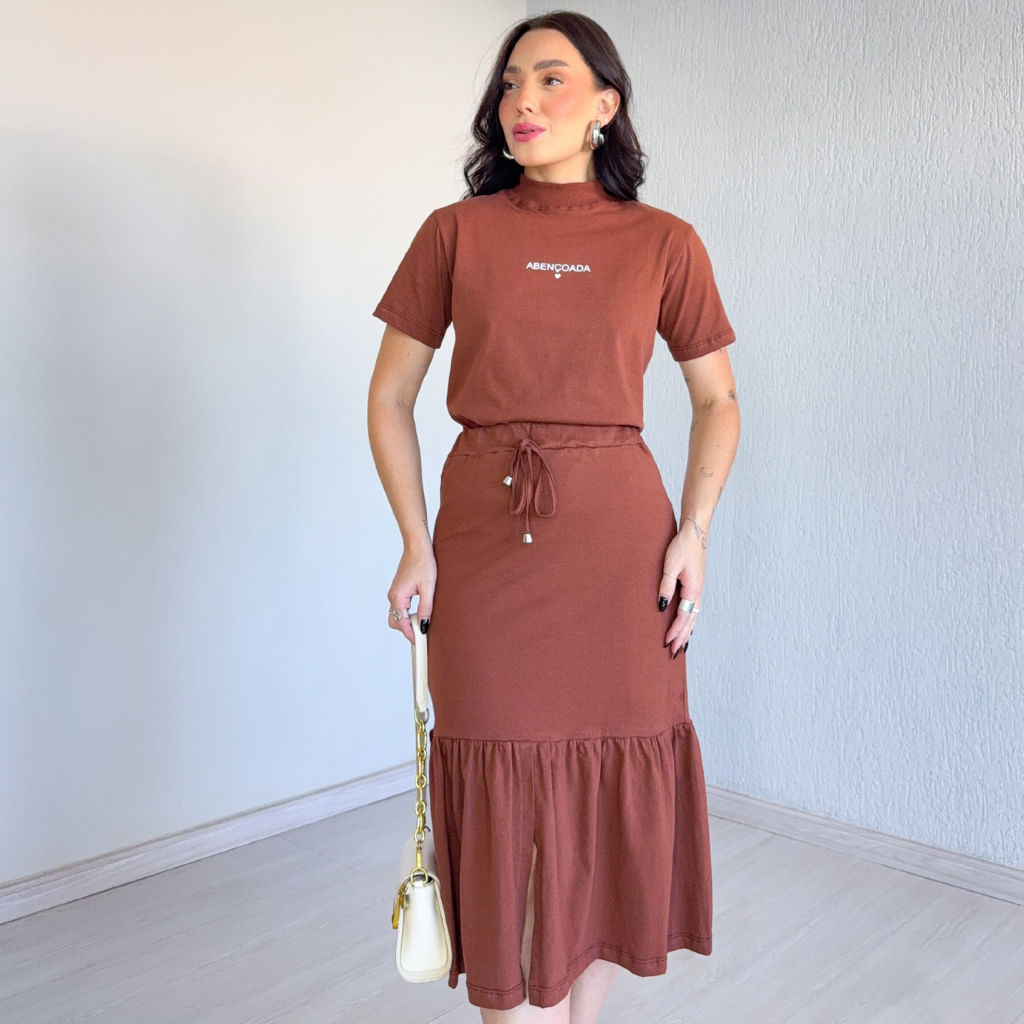 Conjunto Feminino Gola alta Ribana Saia Cristã Evangélico Fenda  Estampado Abençoada