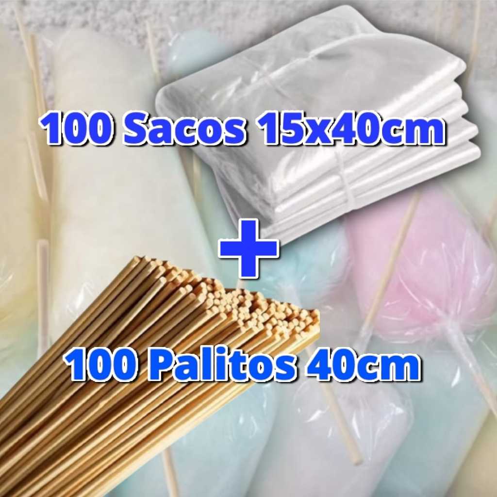 Kit 100 Saco Plástico 15x40cm + 100 Vareta Palito Bambu Para Algodão Doce 40cm em Oferta na Shopee