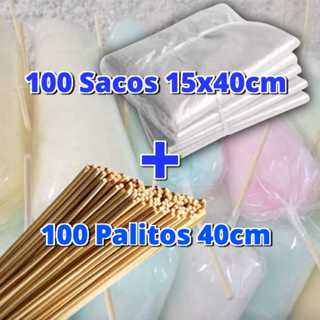 Kit 100 Saco Plástico 15x40cm + 100 Vareta Palito Bambu Para Algodão Doce 40cm em Oferta na Shopee