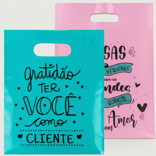 Sacola Plástica Com Frase Personalizada 30x40 50UN Boca de Palhaço para Lembrancinhas Alça Vazada