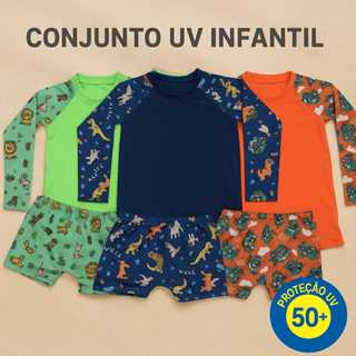 Conjunto Infantil Menino Camisa UV Manga Longa + Sunga Boxer para Praia/Piscina em Oferta na Shopee