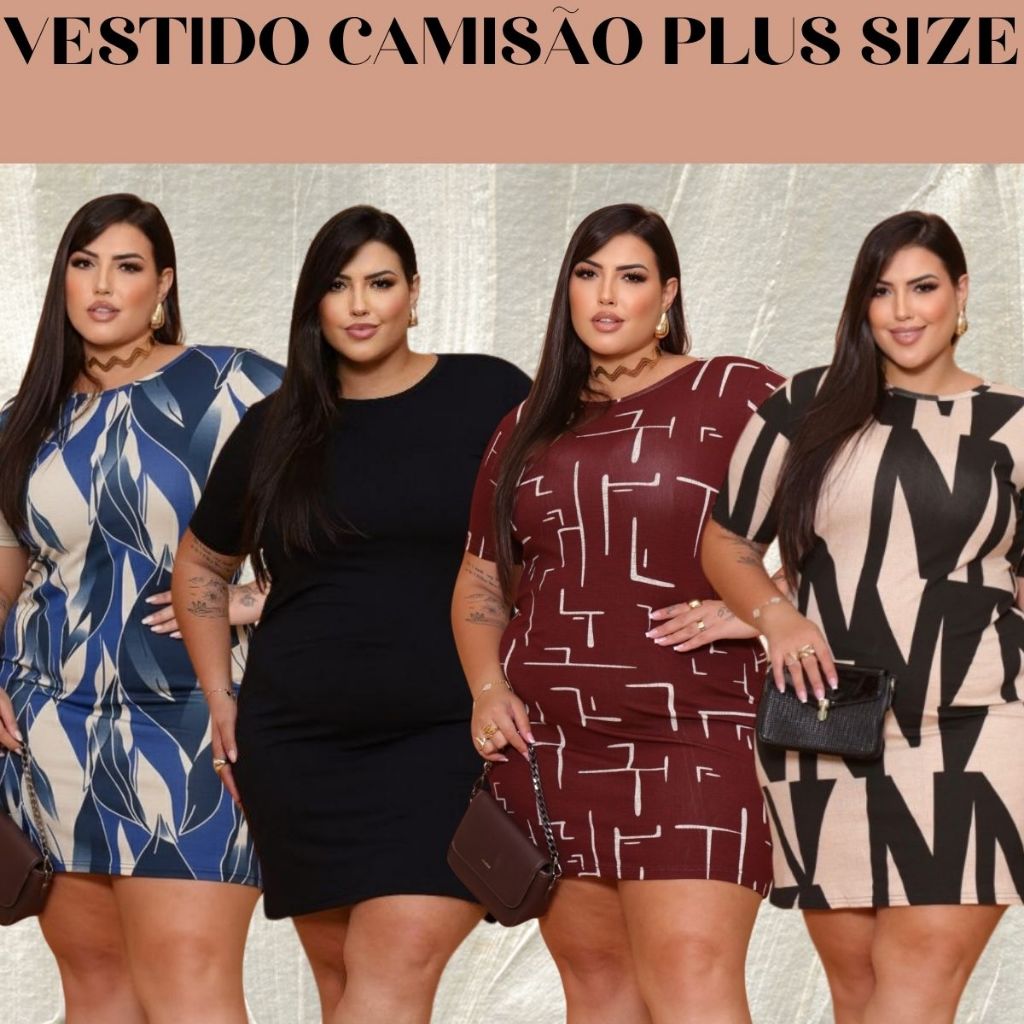 Vestido Camisetão básico estampado liso plus size Curve Curvy G1 G2 G3 Tamanho grande em Oferta na Shopee