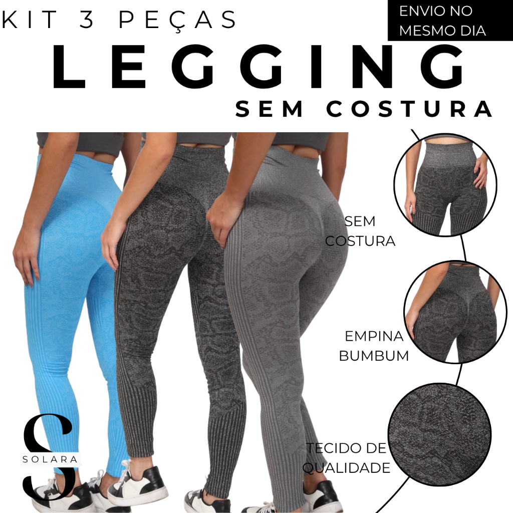 KIT 03 Legging Empina Bumbum Sem Costura Calça Cintura Alta Jacquard Estampado Modela Fitness Academia