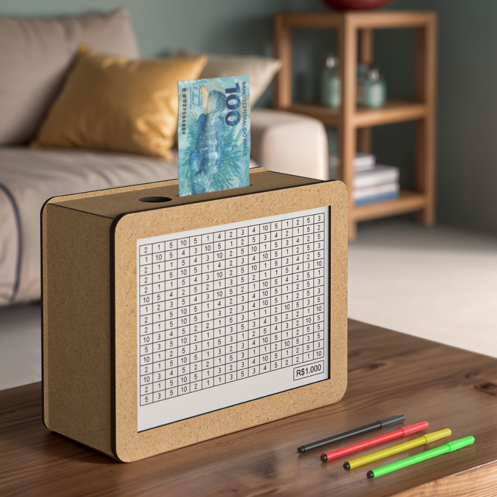 Caixa Cofre Desafio 10000 5000 ou 1000 Mdf Dinheiro Método Japonês Woodbox Cofre de Moedas