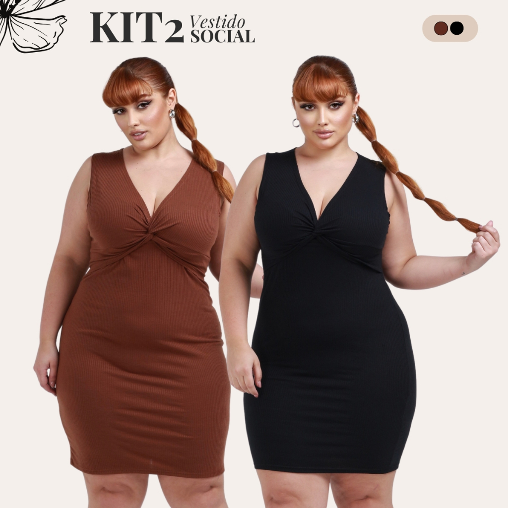 Kit 2 Vestido Feminino Plus Size Curve Decote V Nozinho Regata Canelado G1 ao G3