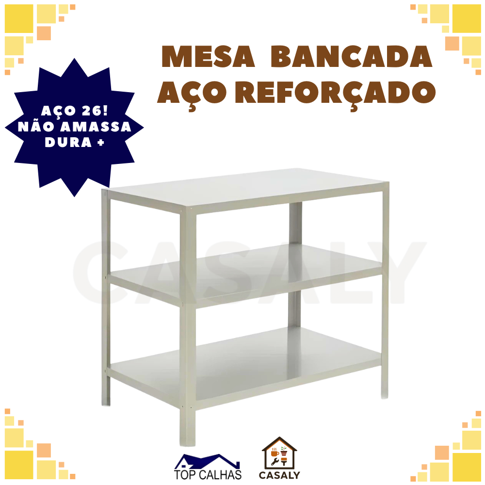 Mesa Multiuso Aço Galvanizado 3 Prateleiras | Cozinha Oficina Farmácia Restaurante Padaria Bares Salão de Beleza