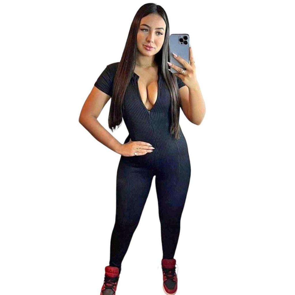 Macacão Longo Feminino Manga Curta Canelado 3D em Oferta na Shopee