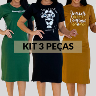 Kit 3 Vestidos Midi Feminino 100% Algodão Premium Gola Redonda com Fenda em Oferta na Shopee