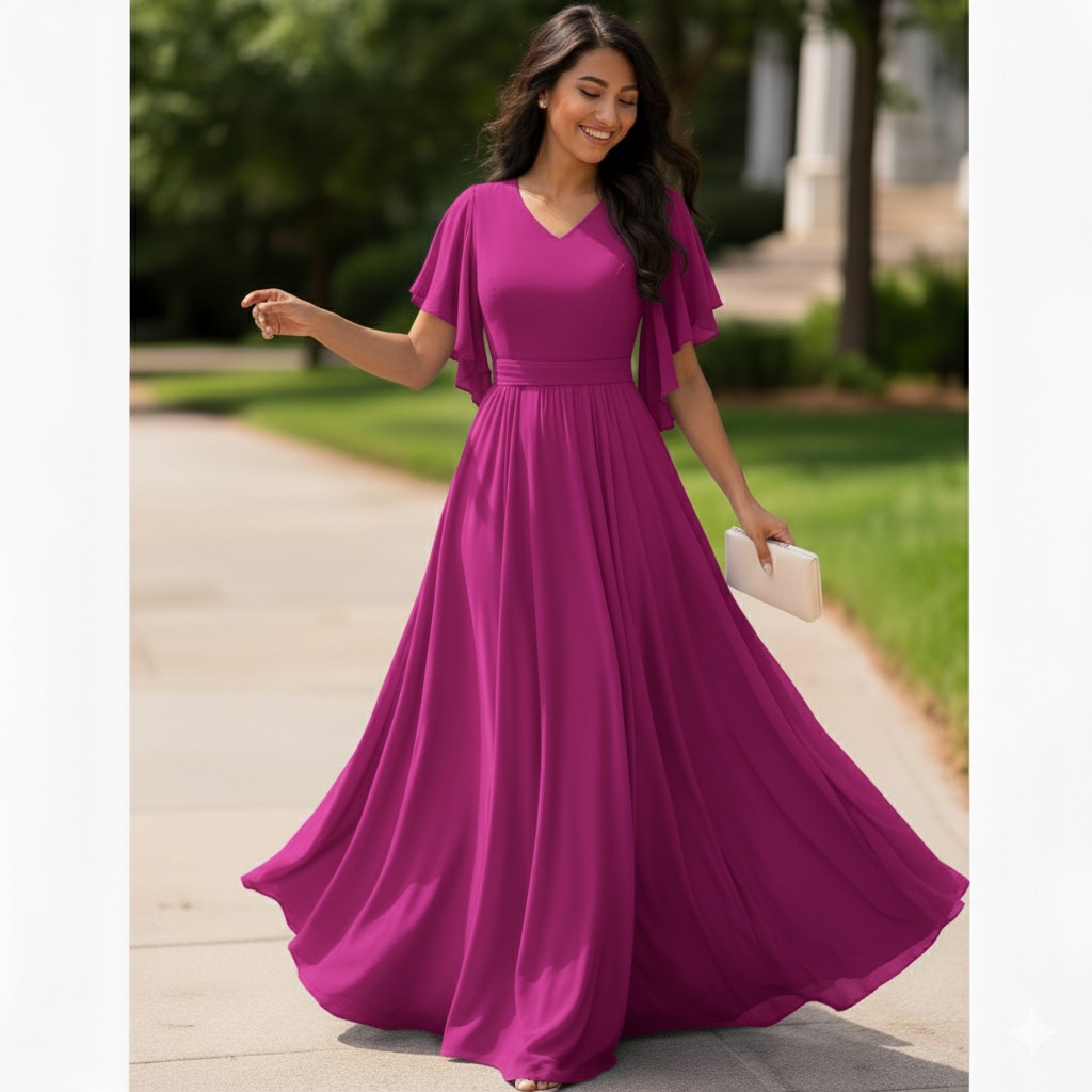 Vestido Feminino Longo com Manga sino, Flare Elegante