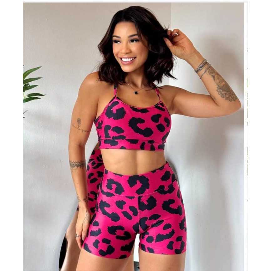 Conjunto Short e Top Fitness Feminino Meia Coxa Suplex Bojo Academia Cintura Alta Treino Estampado