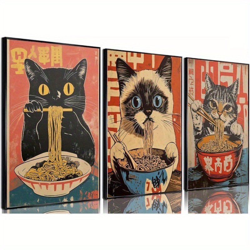 Kit 3 Quadros Japoneses Gato Lamen Macarrão Decoração Cozinha Quarto Sala