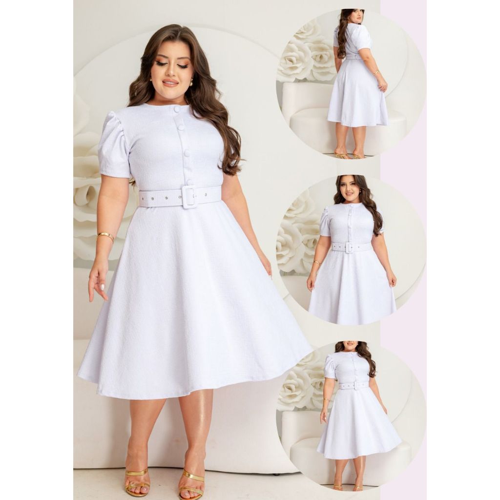 Vestido Midi Feminino Elegante com Cinto e Botões Eduarda