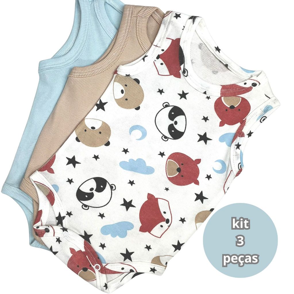 Kit com 3 body regata roupa de bebê menino malha canelada algodão enxoval
