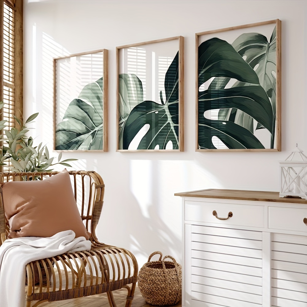 Kit 3 Quadros Folhas Tropicais Monstera Verde Decorativo Sala Quarto Costela de Adão